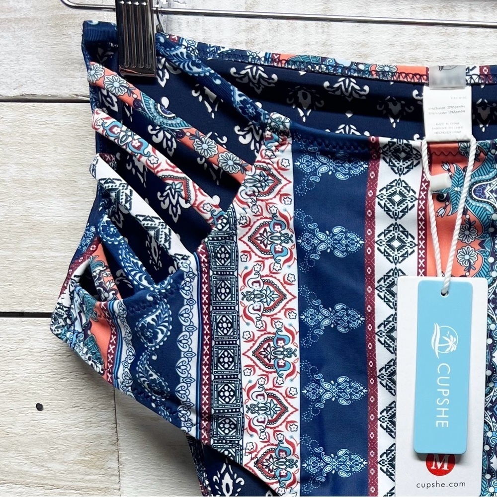 Cupshe Bikini‎ Set Womens Medium Blue Red Cross Front Top High Waist Bottom New - Picture 8 of 14